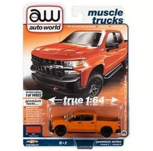 Auto World 2020 Orange Chevrolet Silverado Z71 LT Trail Boss 1/64 Scale AWSP089A